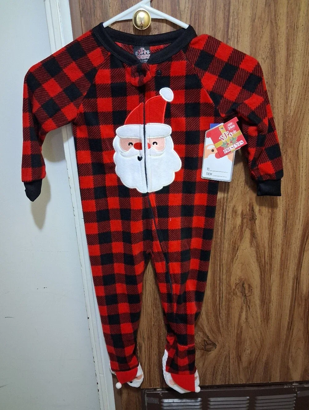 Kids Red and Black Buffalo Plaid Santa One-Piece Pajamas